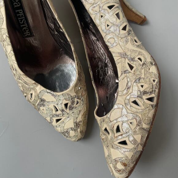 80s Andrea Pfister Lace Openwork Pumps Vintage Metallic Leather sz. 7 Snakeskin - Picture 4 of 9